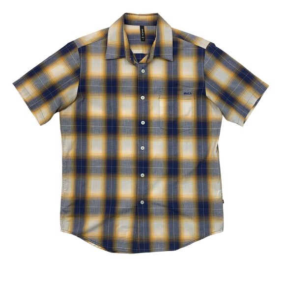 RVCA Shirt Mens S Small Yellow Blue Plaid Button Up Short Sleeve Drop Cut Pocket - Picture 1 of 12